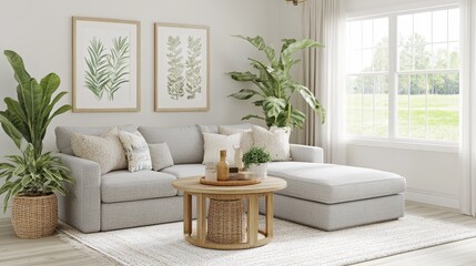 Modern Coastal Living Room Design: Serene Sectional Sofa with Natural Decor and Lush Greenery