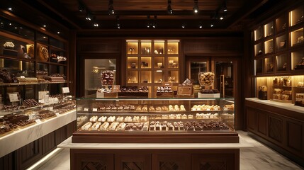 A compact acrylic display stand with tiered levels, showcasing gourmet chocolates in a cozy retail space with warm ambient lighting and elegant wooden decor, charming and elegant. --ar 16:9