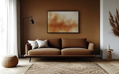 Modern living room with brown sofa, abstract art, and patterned rug.