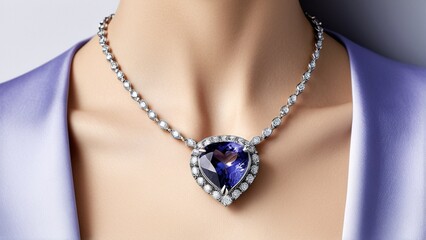 A close-up of a woman's neck and chest area, featuring a necklace with a large blue gemstone and a row of smaller diamonds.