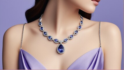 A woman wears a purple dress and a necklace with blue gemstones, including a large blue gemstone pendant, against a purple background.