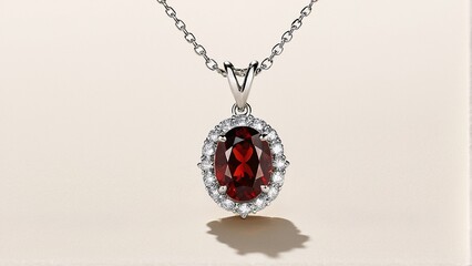 A silver necklace with a red gemstone pendant and a halo of smaller diamonds.