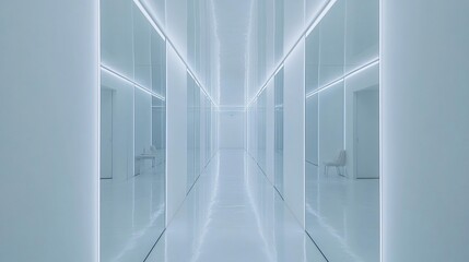 Obraz premium Futuristic minimalist white hallway with glowing lines and reflective surfaces.