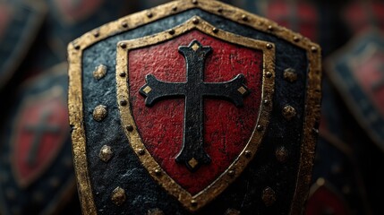 a red and black shield with a cross