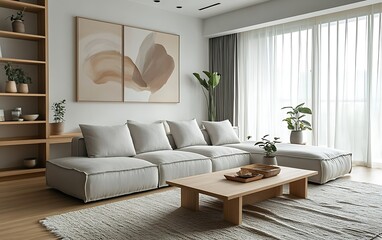 Minimalist living room with beige sectional sofa, wooden coffee table, and artwork.