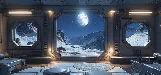Futuristic room with moonlit snowy mountain view.