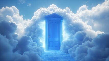 Mysterious blue door surrounded by clouds in a dreamlike setting