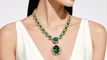 A woman wears a gold necklace with green gemstones and a large oval-shaped pendant, set against a white background.