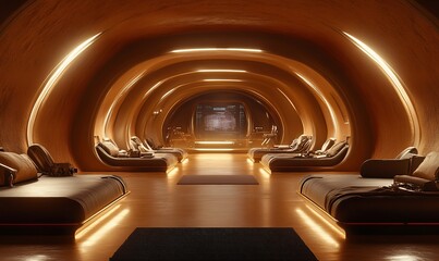 Futuristic spaceship interior with sleeping pods and warm lighting.