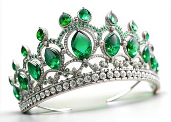 Fototapeta premium White Gold Emerald Tiara, Luxury Headpiece, Bridal Crown, Elegant Jewelry, Royal Headwear, Green Gemstone Tiara, Wedding Accessory, Fine Jewelry
