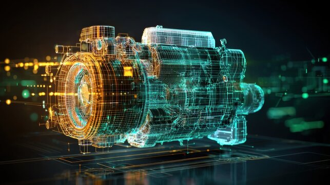 Futuristic Holographic Wireframe Cummins Diesel Engine with Neon Blue and Green Lighting Detailing