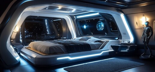 Futuristic spaceship bedroom with starlight view and robot.