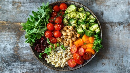 A balanced plate with colorful vegetables, lean protein, and whole grains, representing a healthy and nutritious meal.