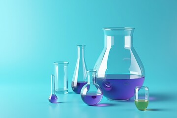 Vibrant Lab Glassware Collection with Purple and Green Liquids, Perfect for Science Education and Decorative Display