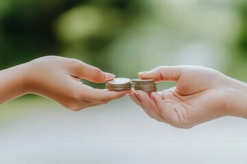 Hands Exchanging Coins in Nature Setting