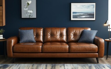 Brown leather sofa in modern living room with blue walls and artwork.