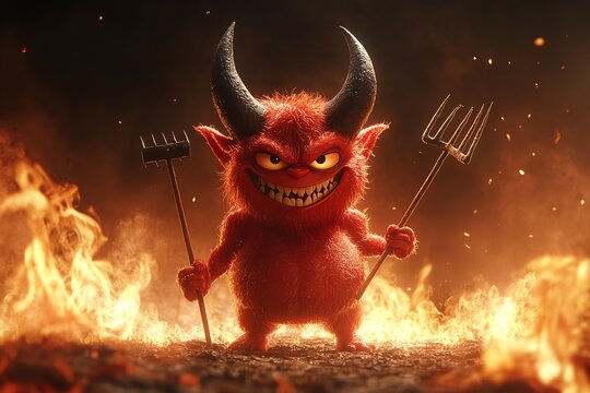 A cute, cartoonish devil character stands amidst flames, holding pitchforks with a mischievous grin.