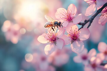 Honeybee pollinating delicate pink blossoms in soft sunlight.