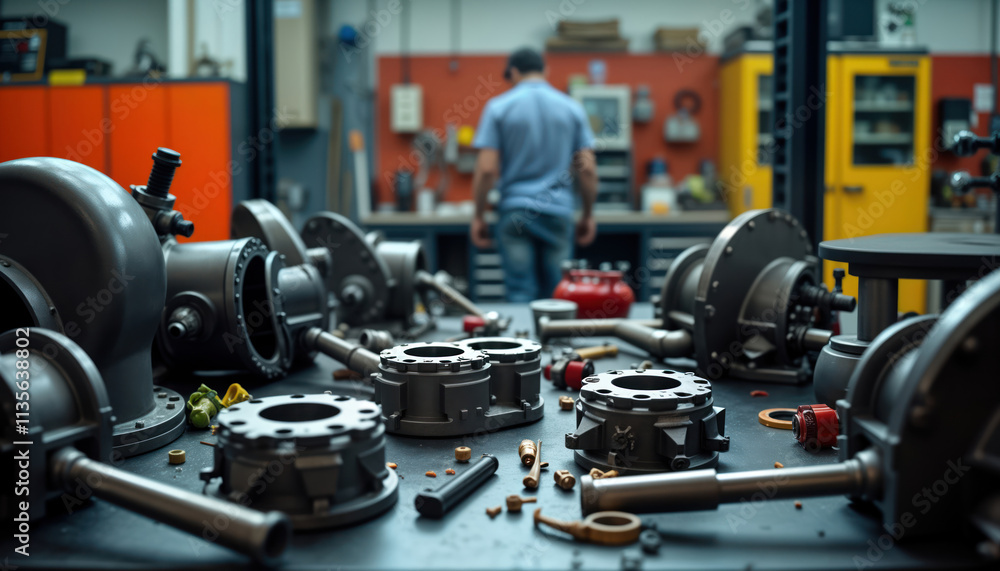 Aufkleber high-tech workshop scene shows racing car aftermarket parts manufacturing. workers assemble parts on