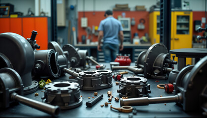 Fototapeta premium High-tech workshop scene shows racing car aftermarket parts manufacturing. Workers assemble parts on dark table filled with various components. Focused on precision engineering, quality control.