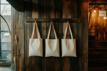 Minimalist Tote Bags Hanging on Wooden Wall