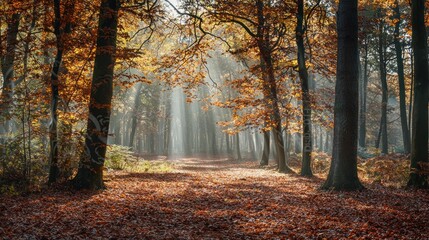 Fototapeta premium A beautiful forest scene in autumn, with a carpet of fallen leaves and sunlight filtering through the trees