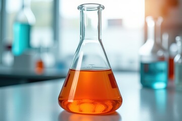 Vibrant Laboratory Flask Filled with Orange Liquid on a Clean Countertop Surrounded by Various Chemical Containers