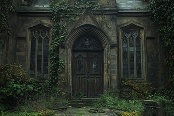 An abandoned Gothic-style building entrance overgrown with ivy and surrounded by nature.