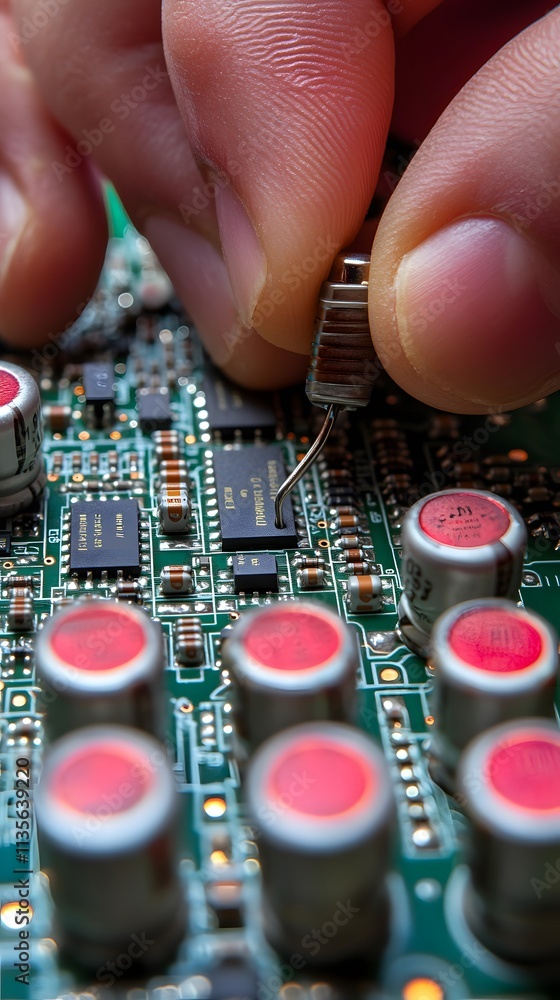 Poster a close-up of a hand working on a circuit board with electronic components.