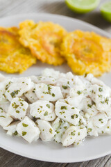 Fresh homemade ceviche made of raw fish pieces, onion, garlic, lime juice, coriander and salt,...