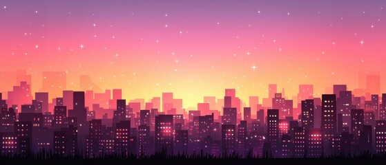 Naklejka premium City skyline at sunset urban landscape illustration vibrant colors digital art viewpoint