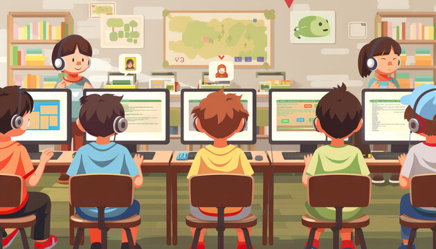 Elementary School Computer Lab with Students and Instructor
