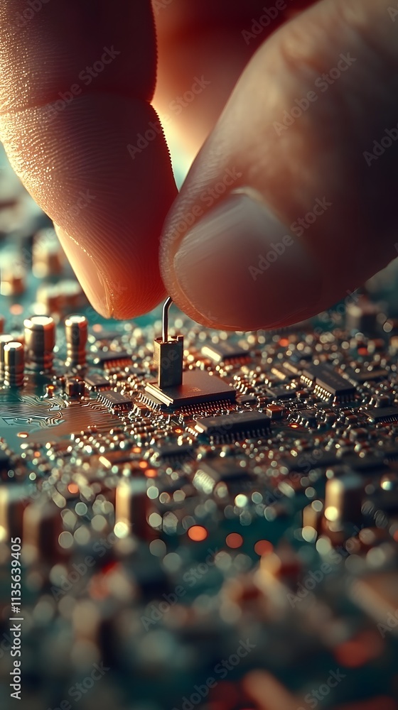Poster a close-up of a hand placing a small component on a circuit board.