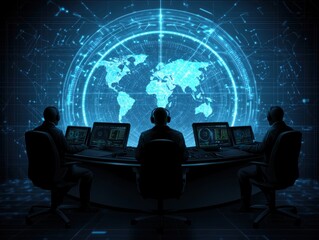 Cybersecurity operations monitoring global control center digital surveillance high-tech environment top-down view data protection