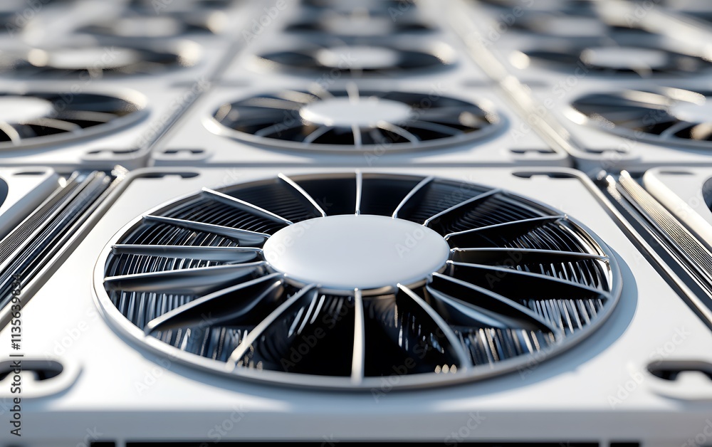 Poster a close-up view of multiple industrial cooling fans arranged in a grid.