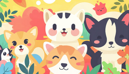 Cartoon Illustration of Four Cats with Floral Background