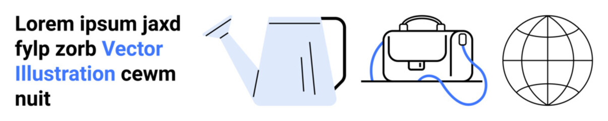 Watering can, briefcase with strap, globe outline, and Latin placeholder text in black and blue. Ideal for marketing, gardening, travel, education, business, technology, nature, landing page