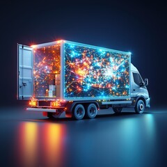 A glowing delivery truck with holographic sale banners.