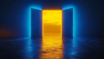 Bright door opening to a golden horizon in a dark room