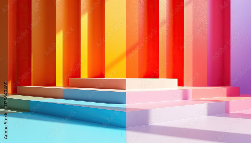 Poster multicolored stepped platform with vertical panel background