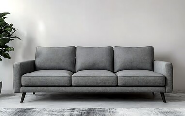 Modern gray fabric sofa in minimalist living room.