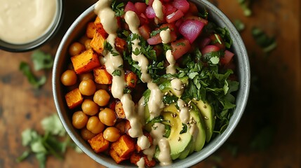 A top-down view of a Buddha bowl with sweet potatoes, chickpeas, tahini drizzle, and fresh avocado slices, surrounded by fresh herbs and a small bowl of tahini sauce,