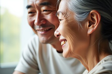 Fototapeta premium Heartwarming Portrait of an Elderly Couple Smiling Together, Perfect for Family Albums, Greeting Cards, and Senior Living Marketing.