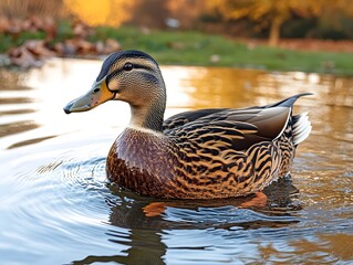 Fototapeta premium A close-up of a duck swimming in a tranquil pond during sunset.
