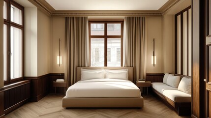 Sunlit modern bedroom with large windows, hardwood floors, and beige color palette.