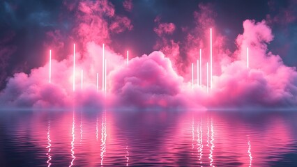 Colorful clouds illuminated by pink lights over calm water