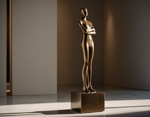 A bronze statue of a nude male figure stands on a pedestal in a minimalist art gallery, bathed in natural light.