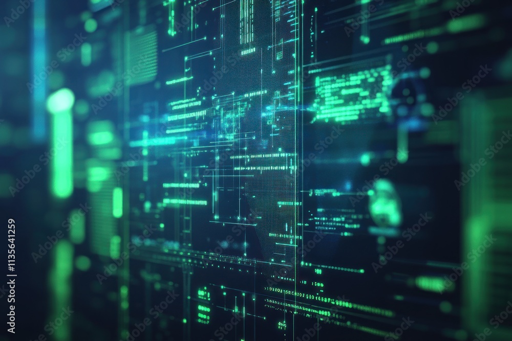 Poster futuristic digital interface with glowing green data streams and codes.