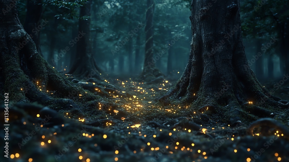 Aufkleber a serene forest scene illuminated by glowing lights, creating a magical atmosphere.