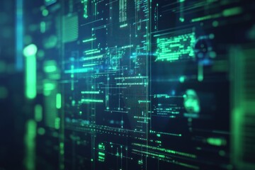 Fototapeta premium Futuristic digital interface with glowing green data streams and codes.
